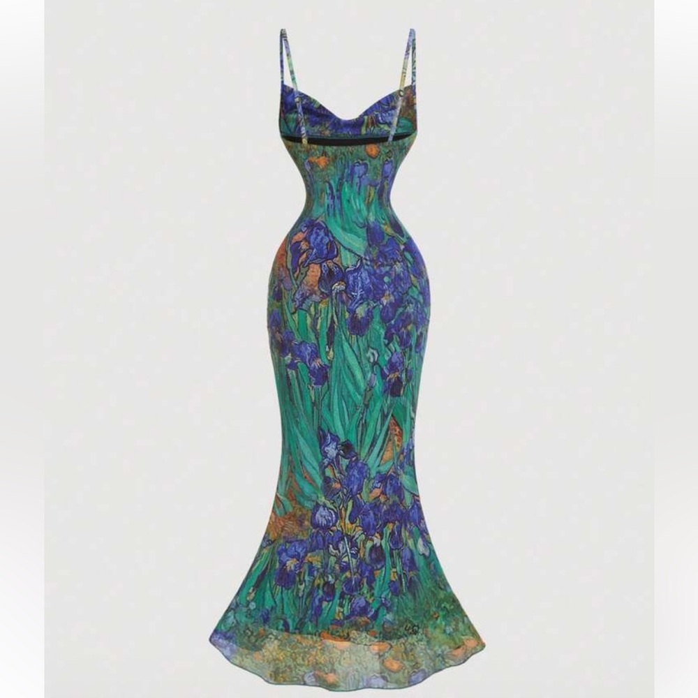 Van Gogh Floral Green and Blue Maxi Dress mod style NWT - Picture 4 of 6